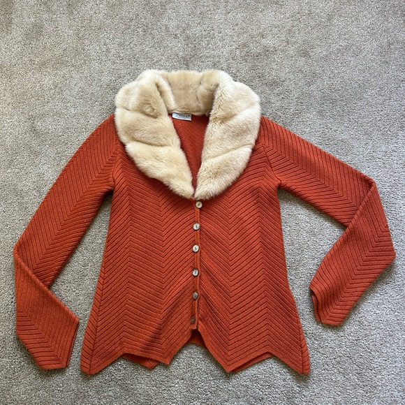 Vintage Shine Made in Italy Orange and Cream Wool Blend Cardigan Faux Fur Collar - Picture 1 of 4